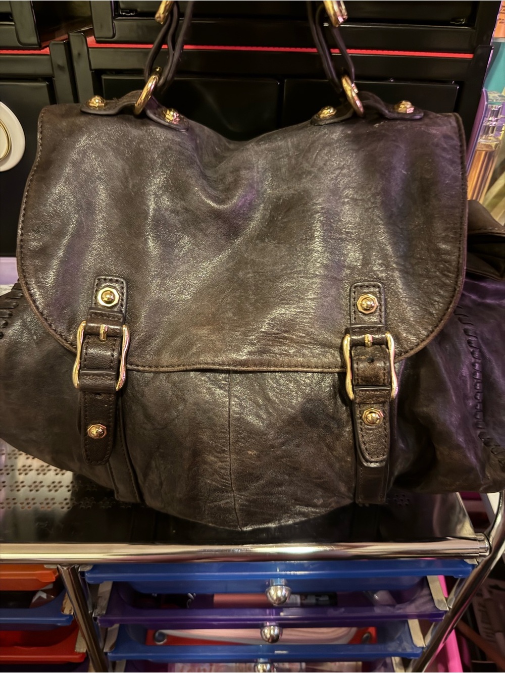 Source Unknown Black Leather Buckle Flap Satchel with Gold Hardware